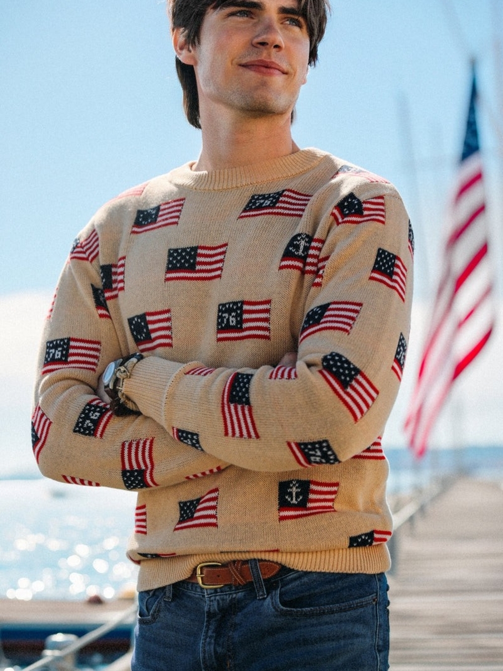 Kiel James Patrick Beige Crewneck Sweater with Red & Blue Flag Motif